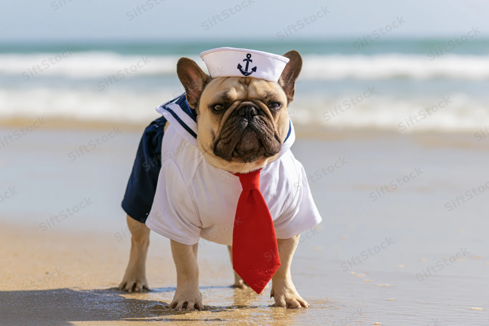 Frenchbulldog in sailor costume standing on wet sand at beach