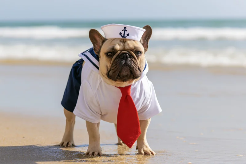 Frenchbulldog in sailor costume standing on wet sand at beach