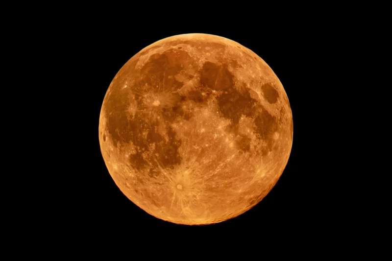 Full orange harvest moon centered against pure black night sky