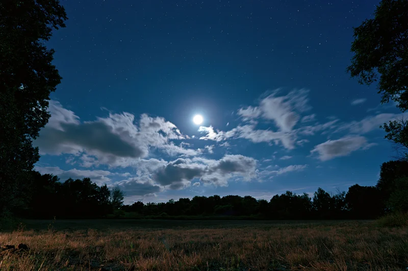Full moon glowing among scattered stars and drifting clouds over a dark field bordered by trees