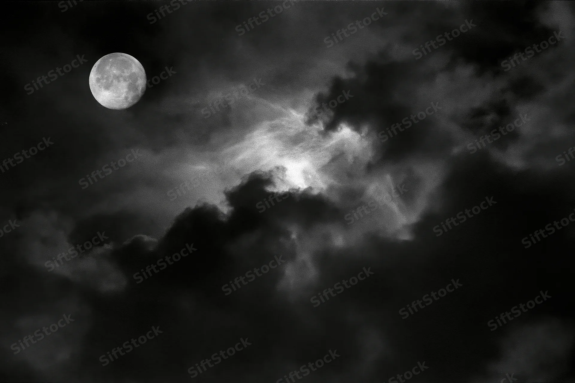 Full moon glowing through dense storm clouds in a dark night sky