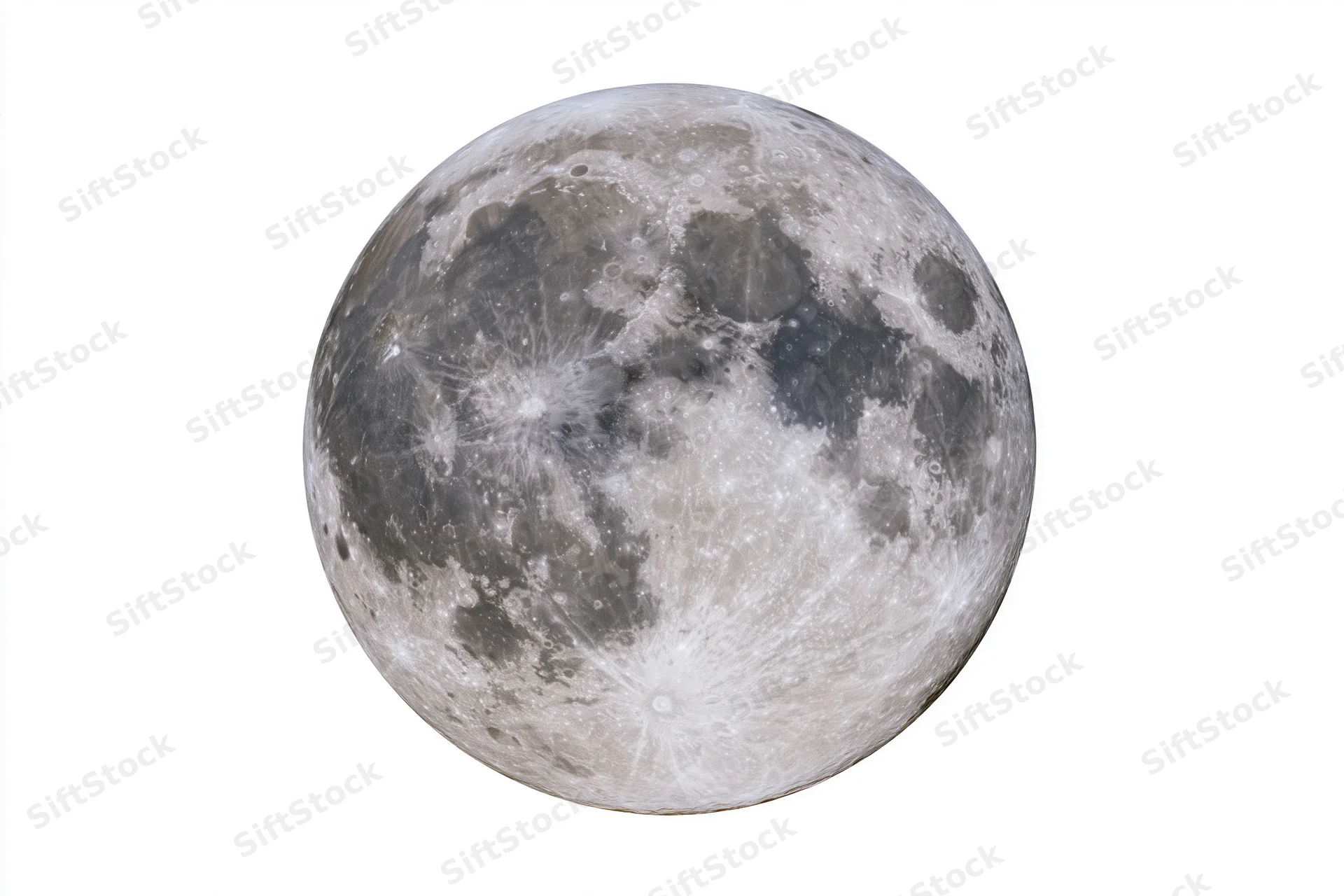 Full moon in close-up view isolated against white background