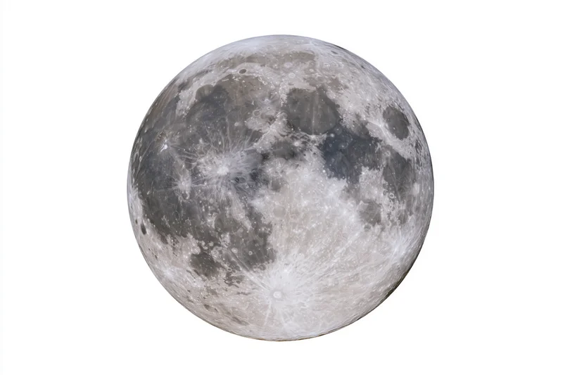 Full moon in close-up view isolated against white background