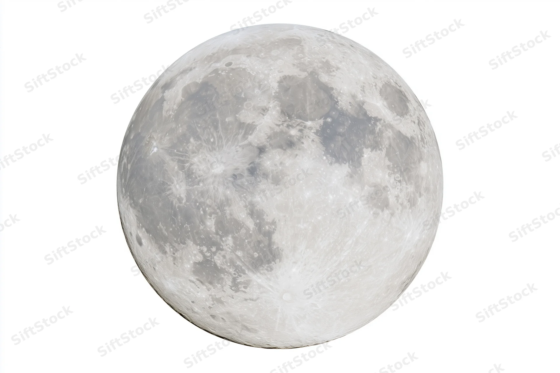 Full moon in close-up isolation against a plain white background