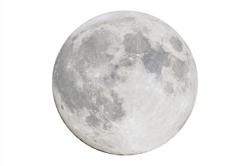Full moon in close-up isolation against a plain white background