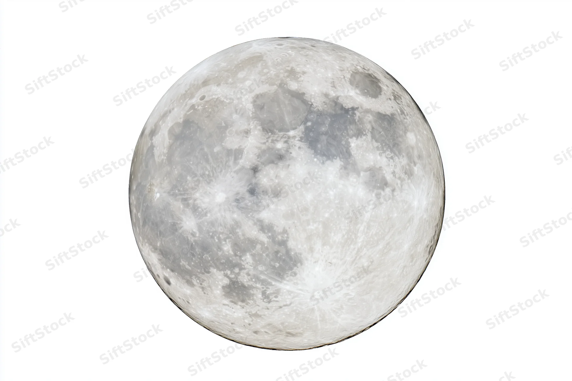 Full moon in close-up view isolated against white background