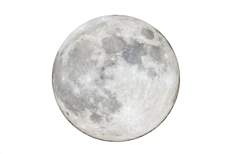 Full moon in close-up view isolated against white background