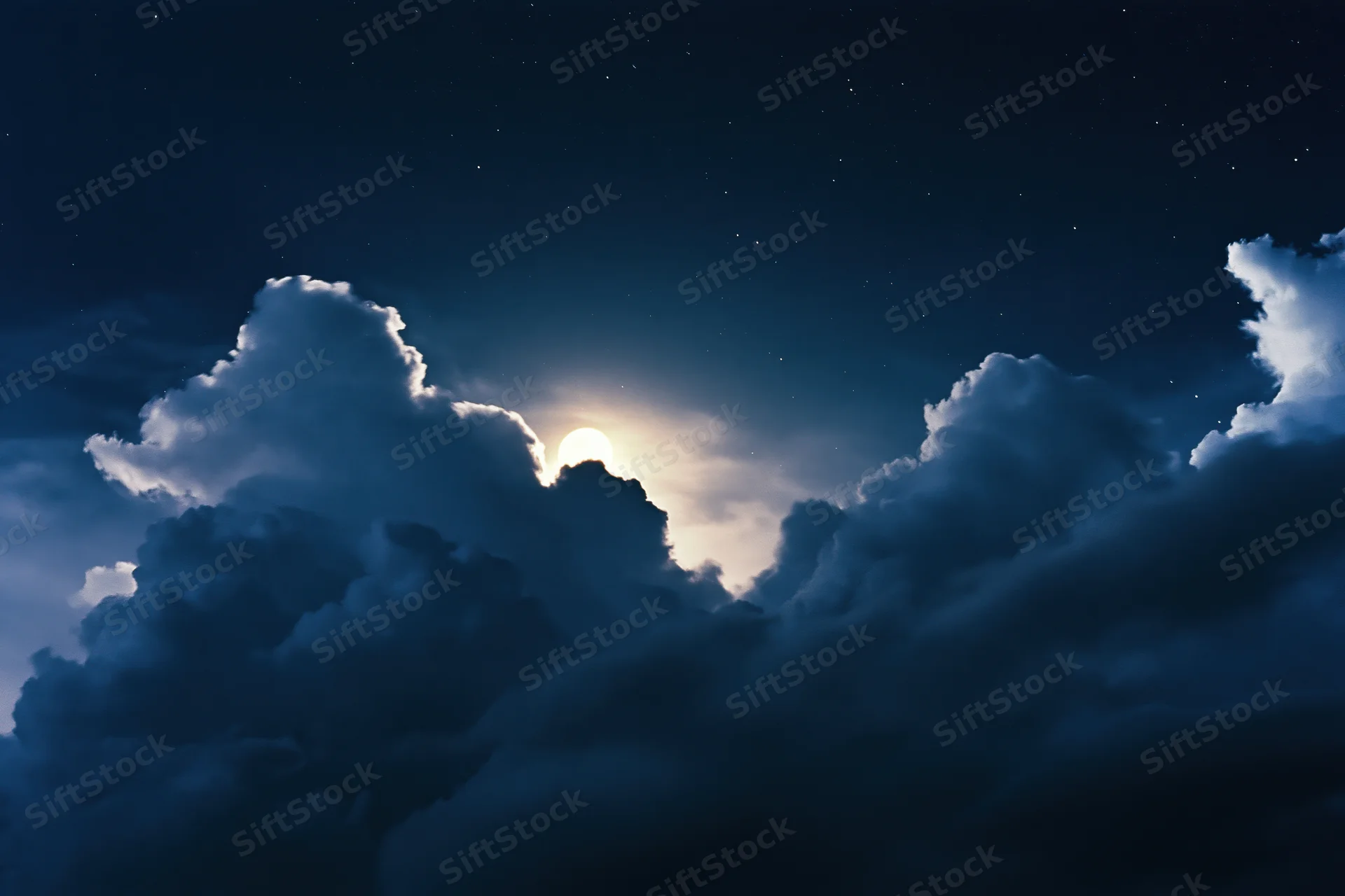 Full moon rising above dense dark storm clouds in night sky