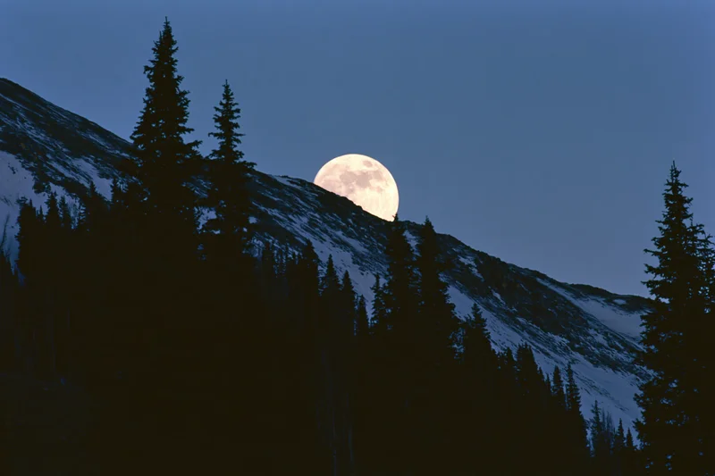 Full moon rising behind snow-dusted mountain ridge with dark evergreen trees in foreground