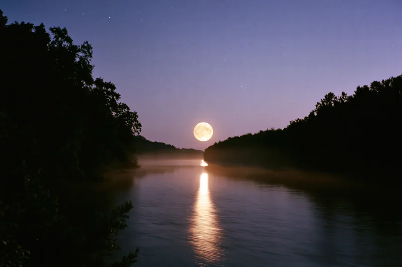 Full moon rising over calm river at night with moonlight reflecting on water between tree-lined banks
