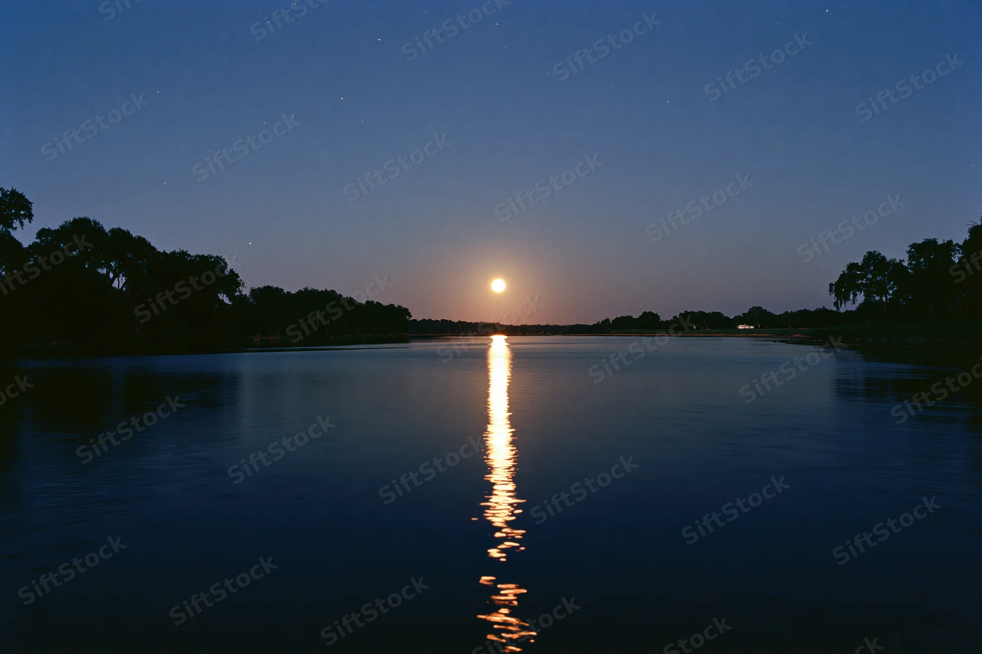 Full moon rising over calm river at night with reflection on water surface