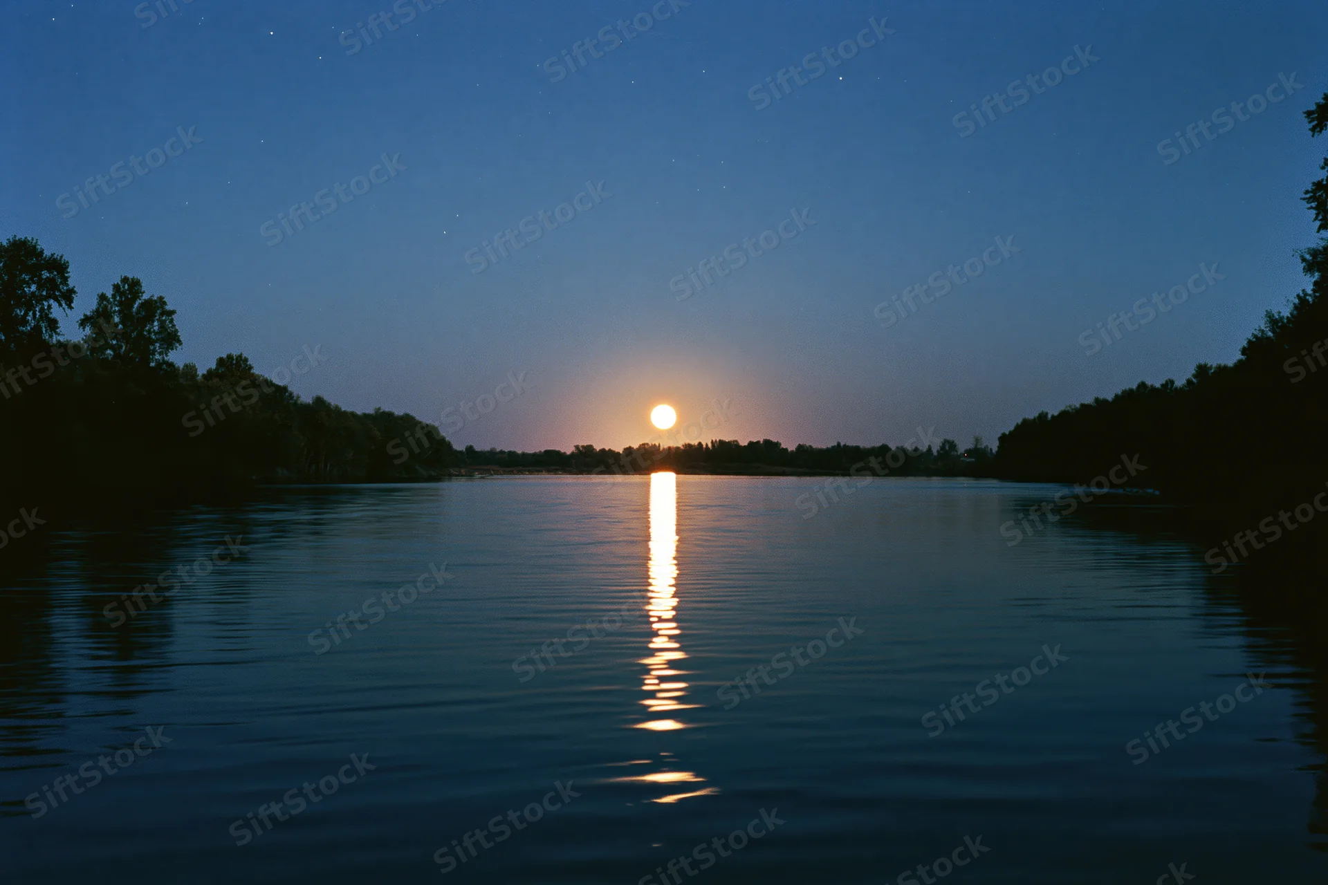 Full moon rising over calm river at night with moonlight reflecting on water surface