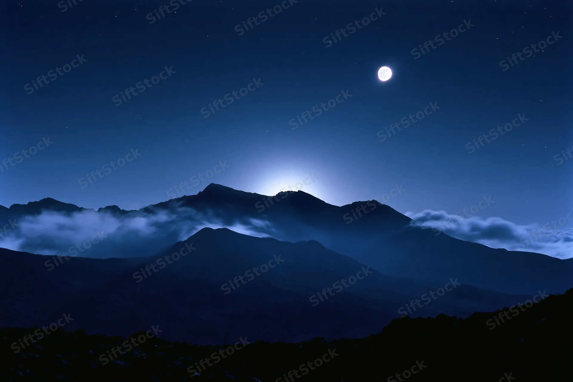 Full moon rising over dark mountain silhouette range at night