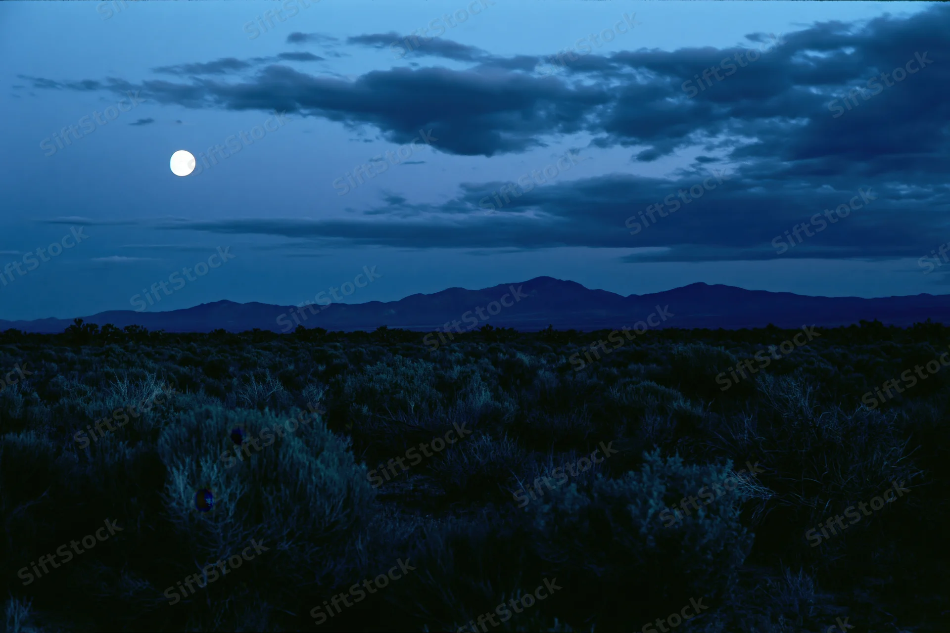 Full moon rising over a dark scrubland landscape with low shrubs and distant mountains under a cloudy night sky