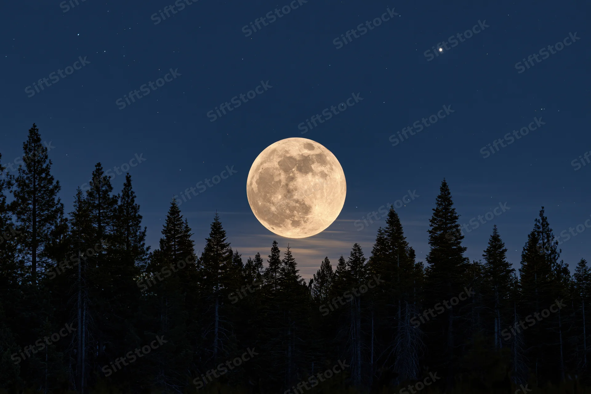 Full supermoon rising above dark forest silhouette at night