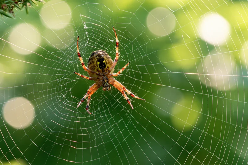 Garden orbweaver spider resting at center of circular web in green foliage