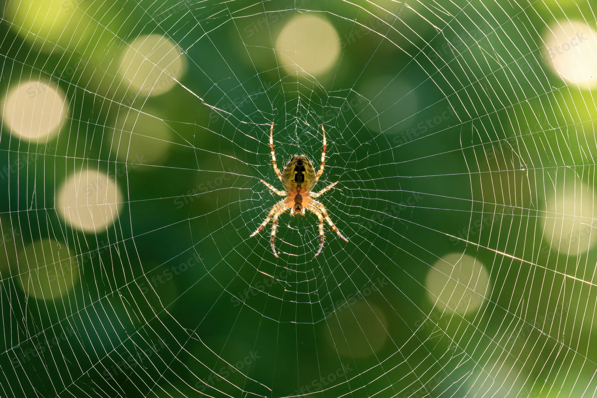 Garden orbweaver spider resting at center of circular web in green foliage background