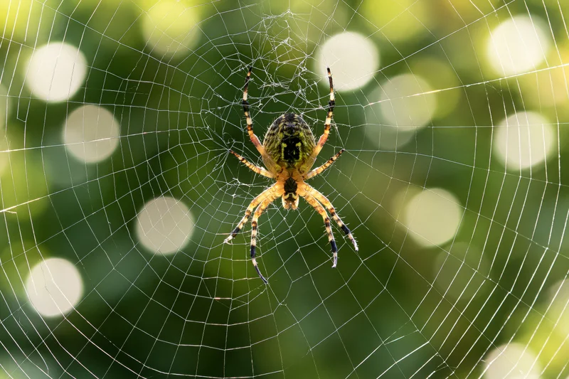Garden orbweaver spider resting at center of its circular web in green foliage