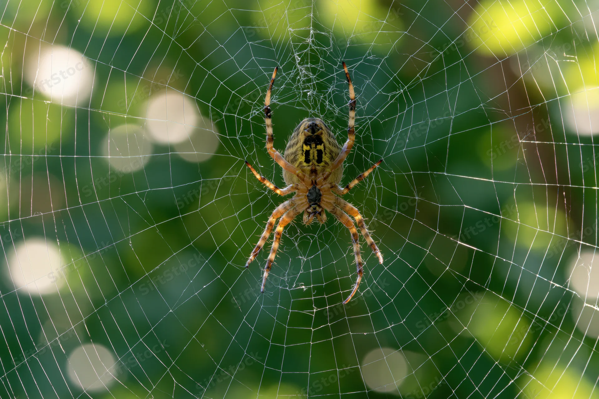 Garden orbweaver spider resting at center of circular web in green foliage