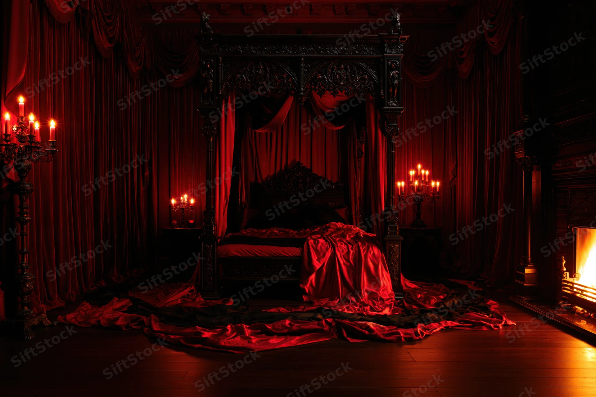 Ornate gothic victorian bedroom with dark carved wooden canopy bed, red drapery, candles, and fireplace