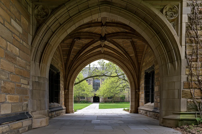 Gothic stone archway with ribbed vaulted ceiling framing a campus courtyard pathway