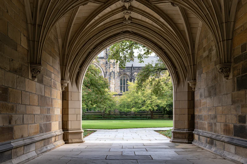 Gothic stone archway with ribbed vaulted ceiling framing a view of a green courtyard and historic building beyond