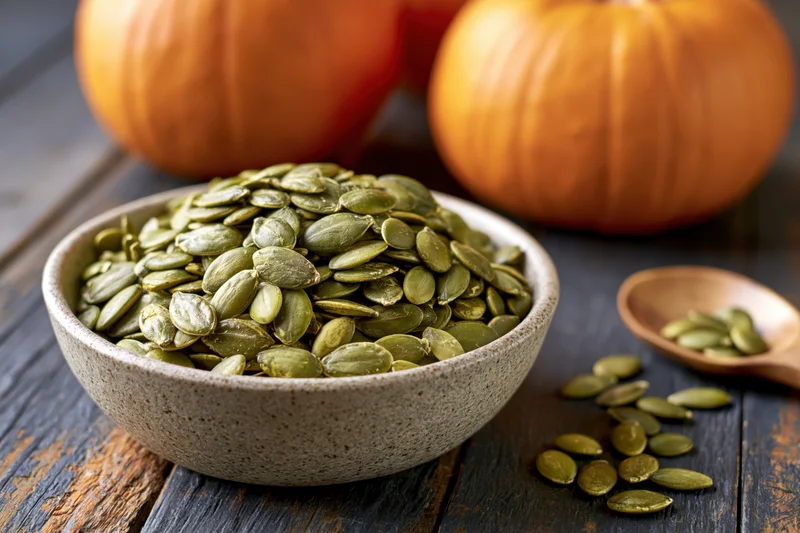 Green pumpkin seeds in a rough ceramic bowl on a dark wooden table with pumpkins in the background