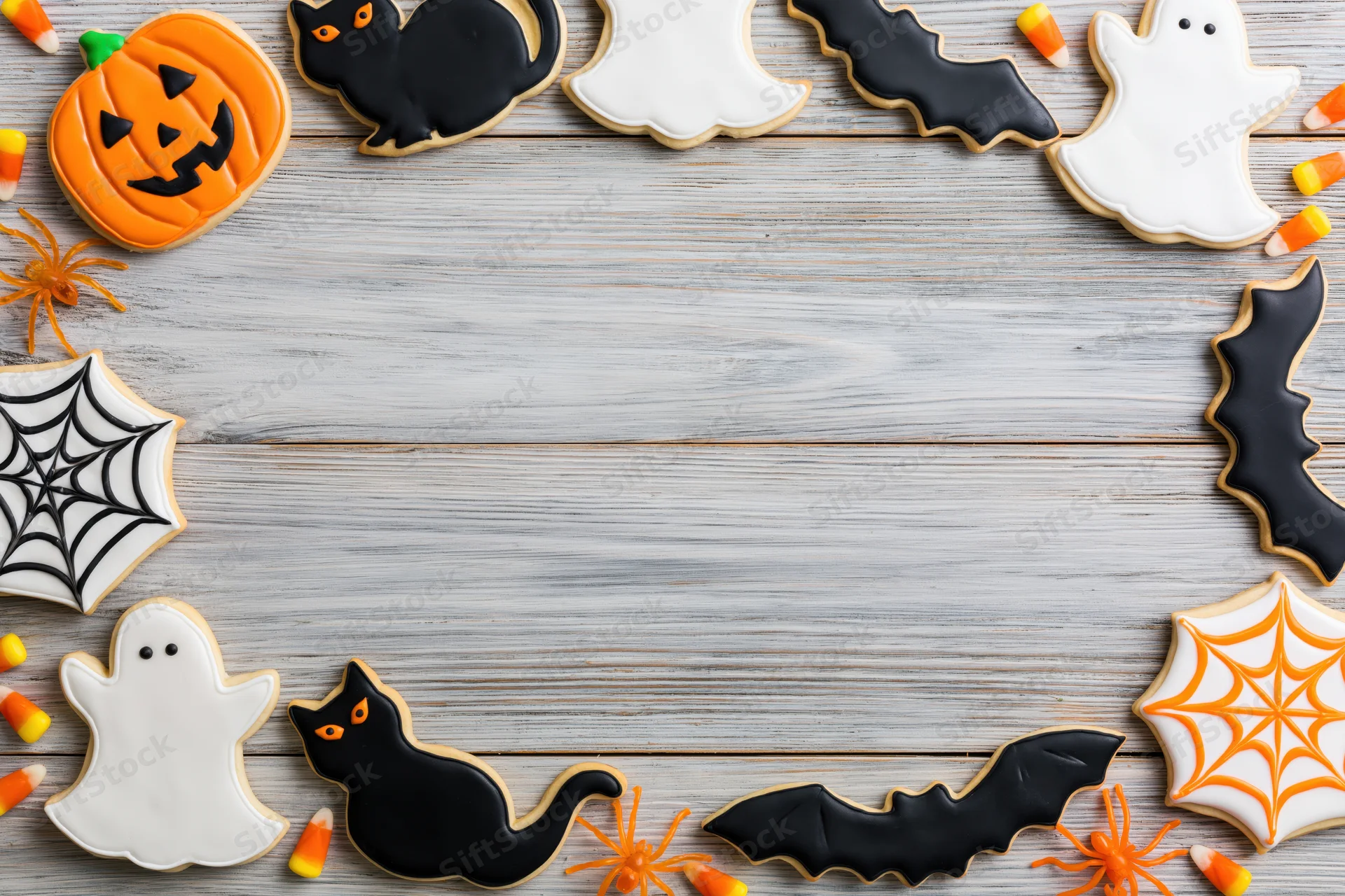 Halloween-themed sugar cookies arranged in a border on a wooden table with copyspace in center