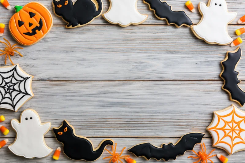 Halloween-themed sugar cookies arranged in a border on a wooden table with copyspace in center