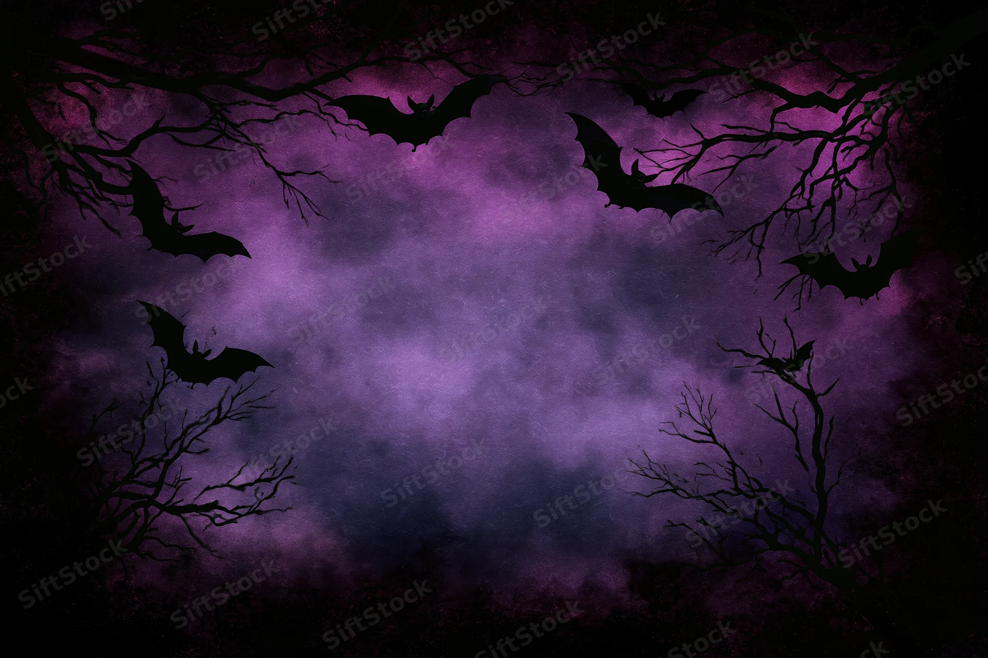 Black bat silhouettes flying among bare tree branches against a purple foggy night sky