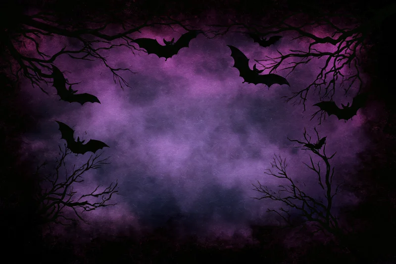 Black bat silhouettes flying among bare tree branches against a purple foggy night sky