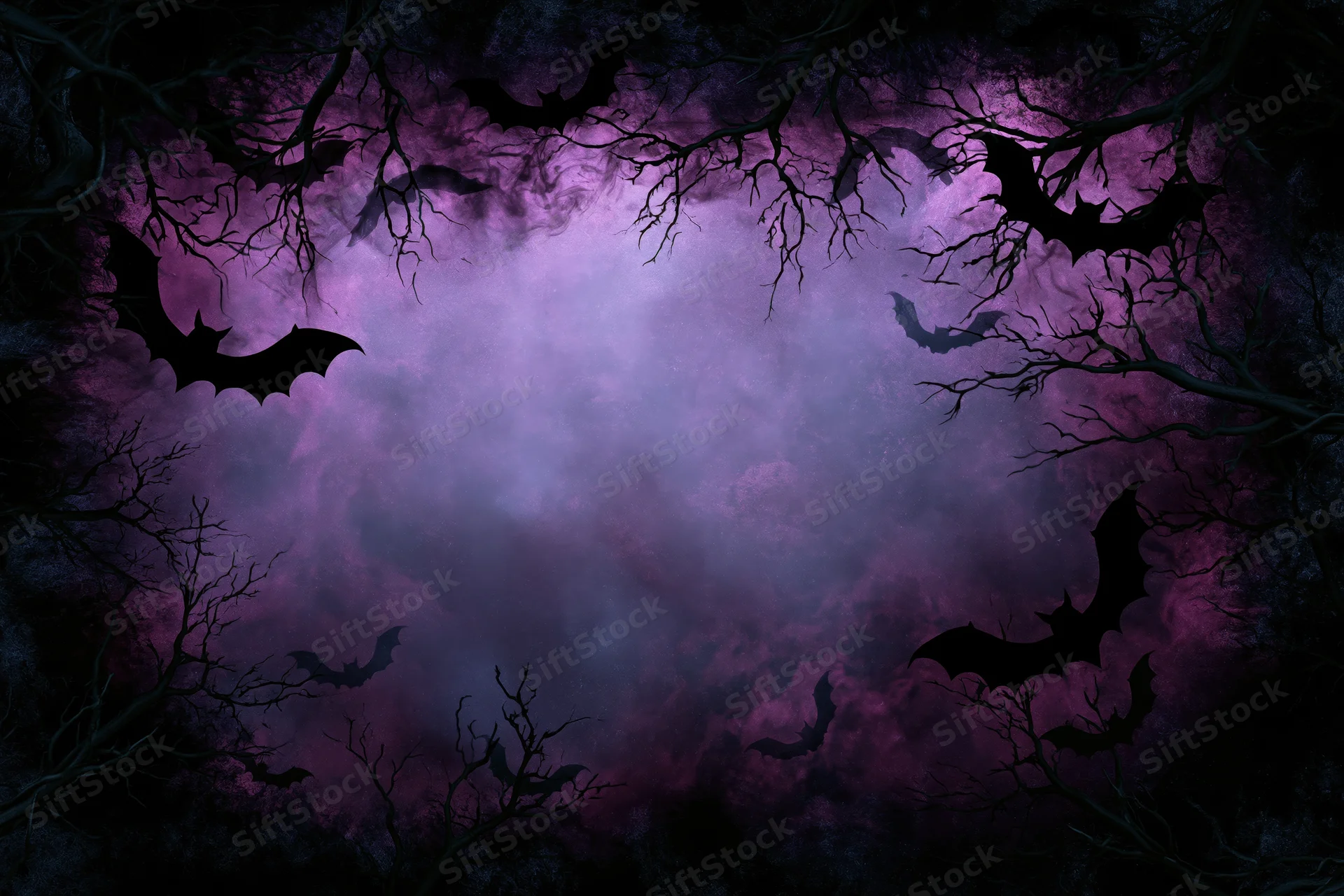 Silhouetted bats flying among bare branches against a purple misty night sky