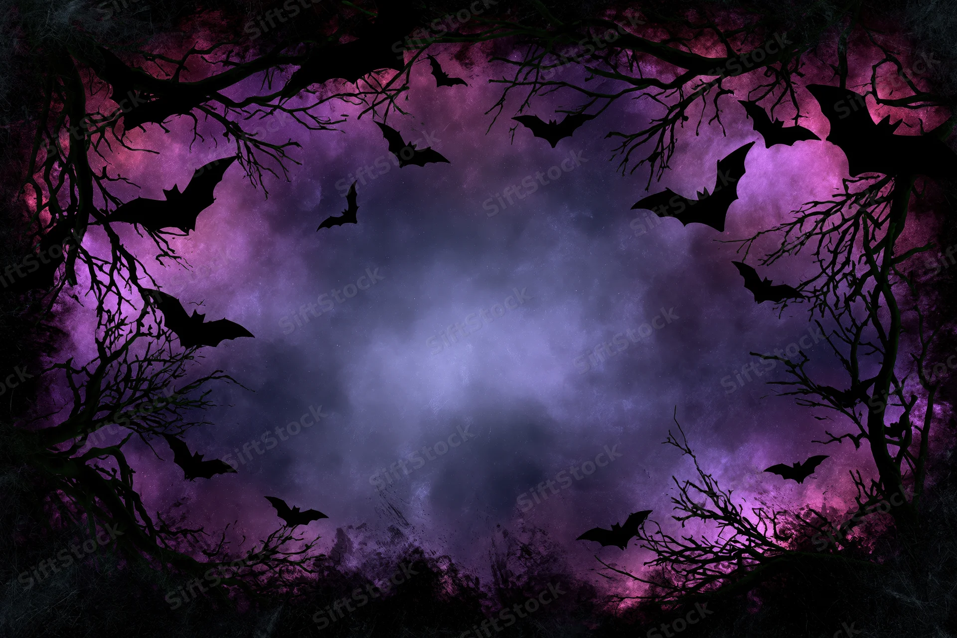 Silhouetted bats flying in a purple night sky framed by bare tree branches