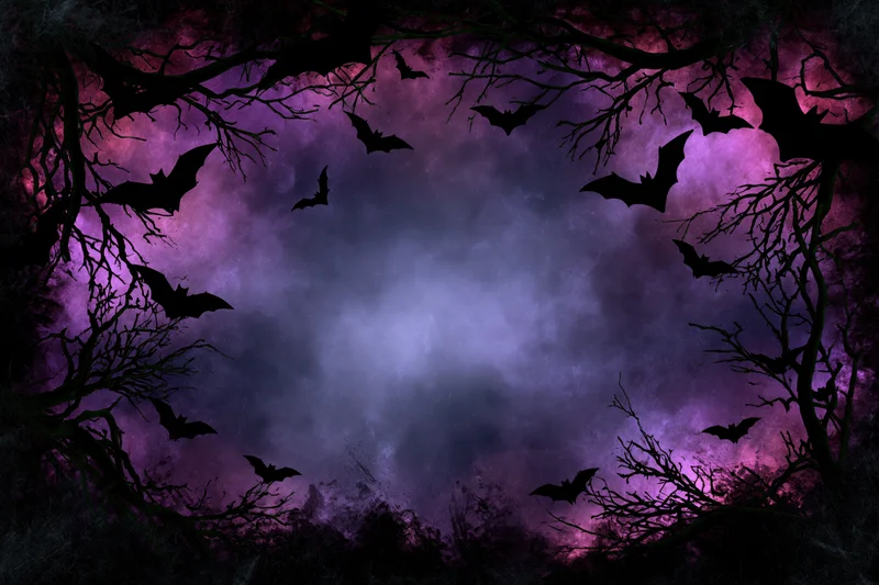 Silhouetted bats flying in a purple night sky framed by bare tree branches