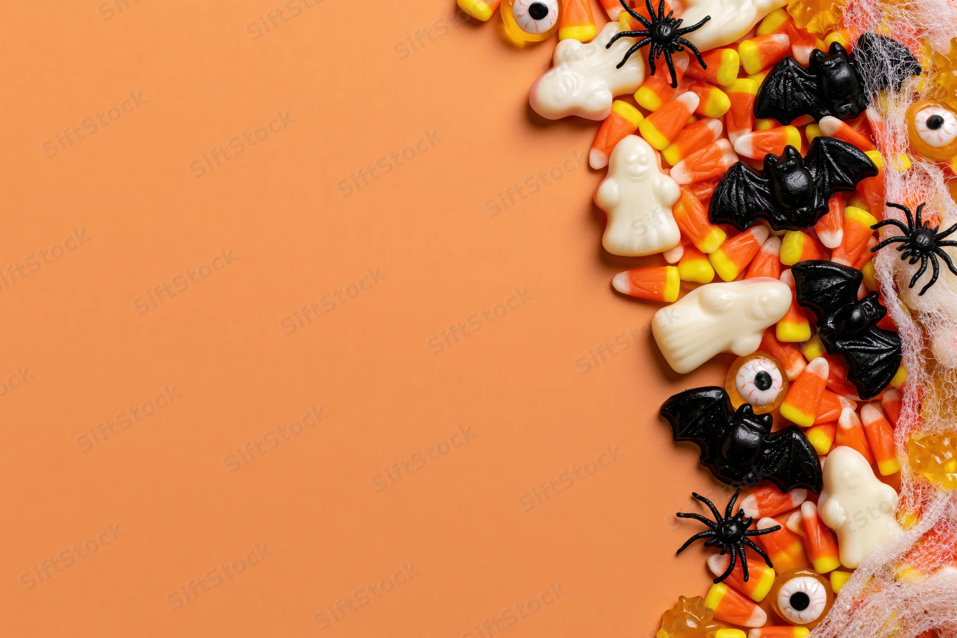 Halloween candy and decorations arranged along the right side of an orange background with copyspace on the left