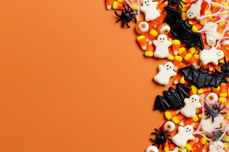 Halloween candy and decorations arranged along the right side of an orange background with copyspace on the left
