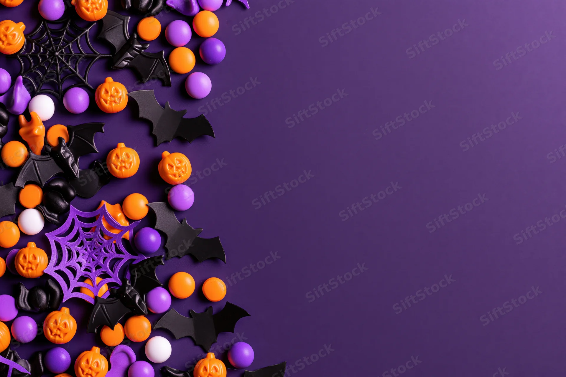 Halloween candy and decorations scattered along the left side of a purple background with copyspace on the right