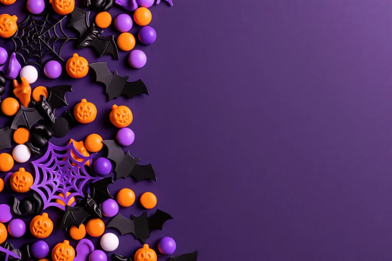 Halloween candy and decorations scattered along the left side of a purple background with copyspace on the right