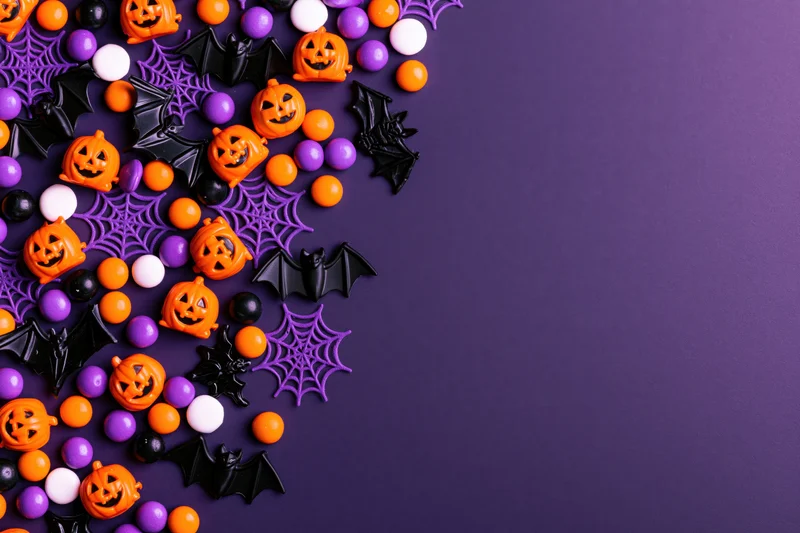 Halloween candy and decorations scattered across the left side of a purple background with copyspace on the right