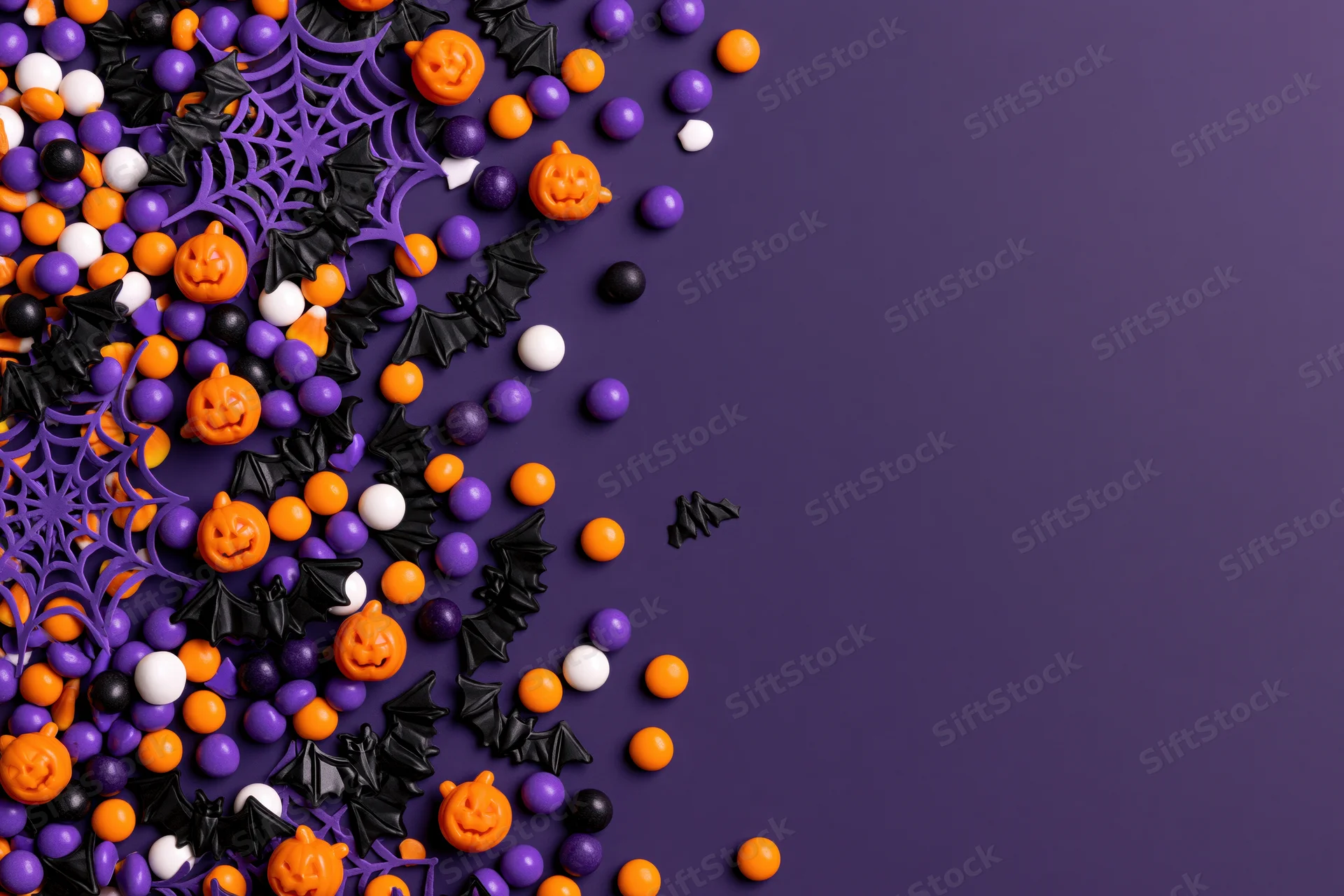Halloween candy and decorations scattered across left side of purple surface with copyspace on right