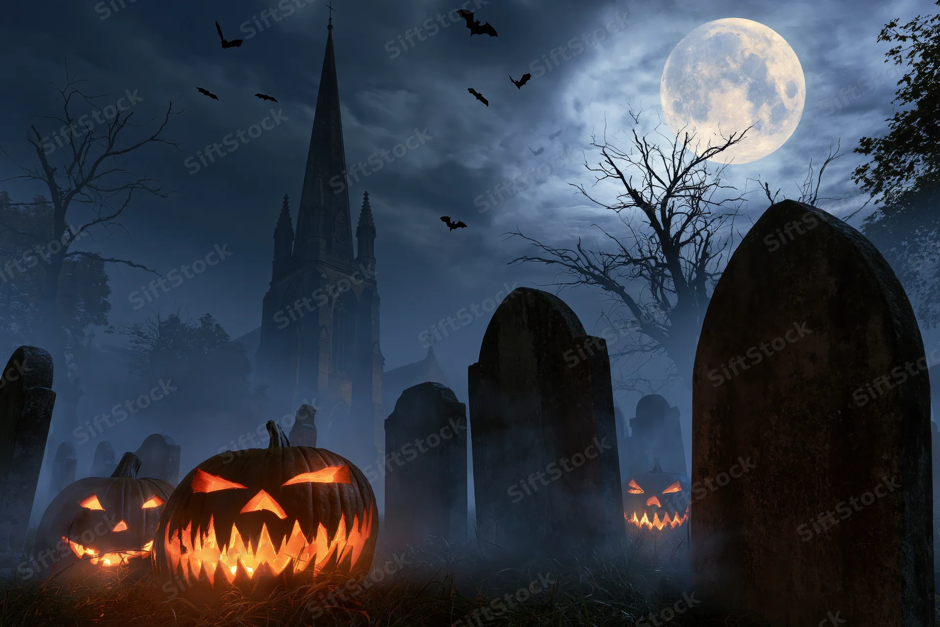 Carved jack-o-lanterns glowing in a foggy graveyard at night with a full moon and flying bats near a gothic church