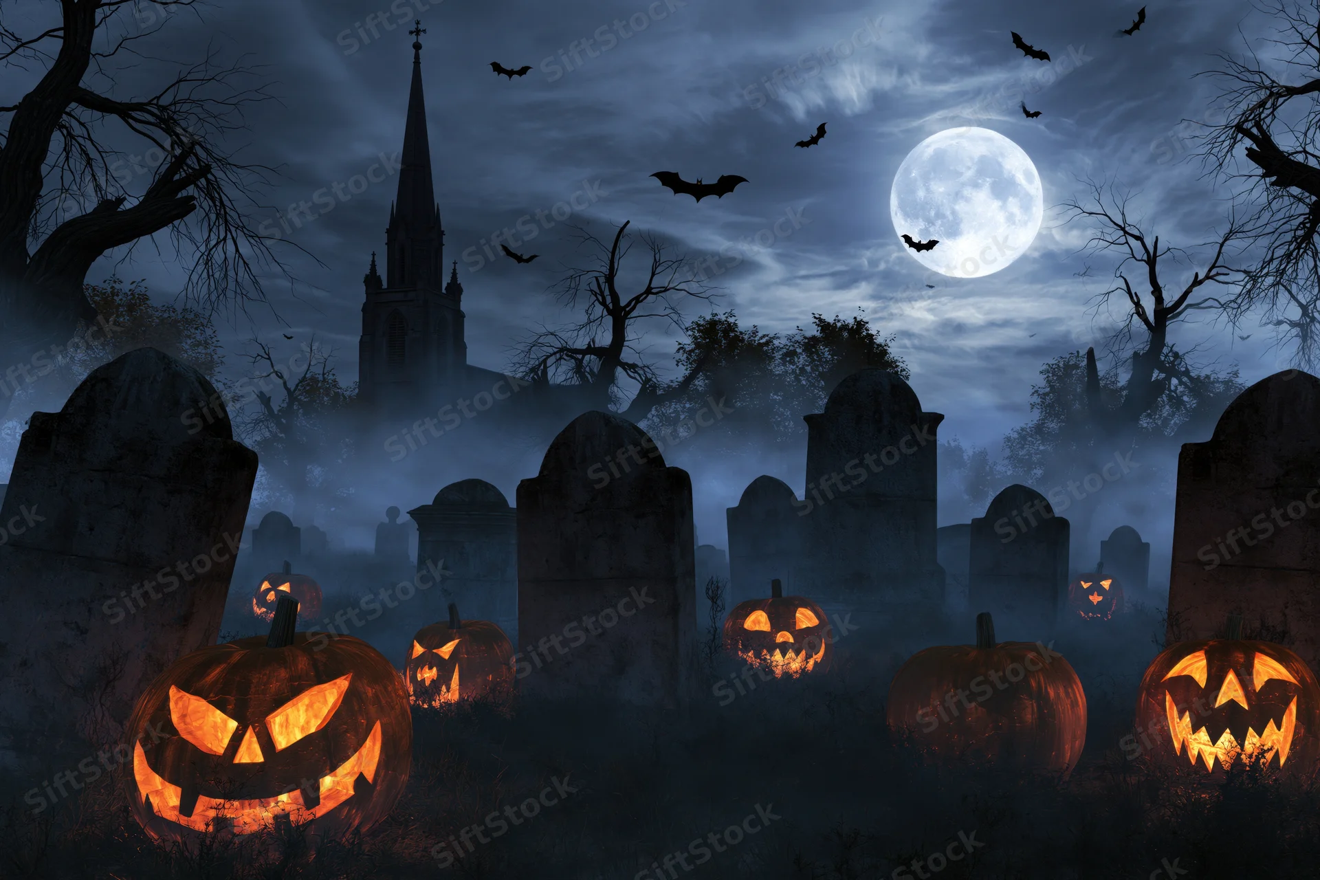 Carved jack-o-lanterns glowing in a foggy graveyard at night with a full moon and bats flying over a church