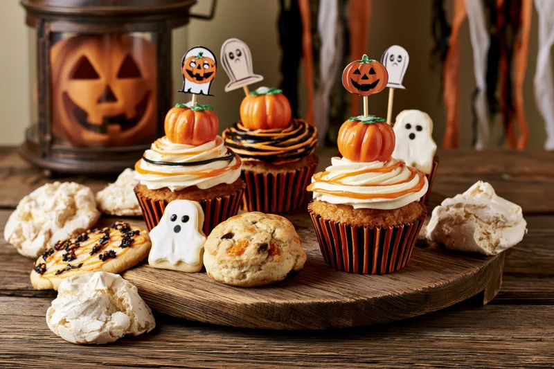 Halloween-themed desserts including cupcakes with pumpkin and ghost toppers and cookies arranged on a wooden tray