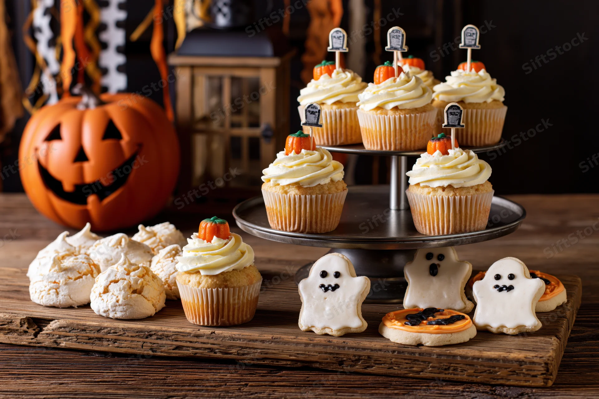 Halloween dessert spread with cupcakes and ghost cookies on a rustic wooden table