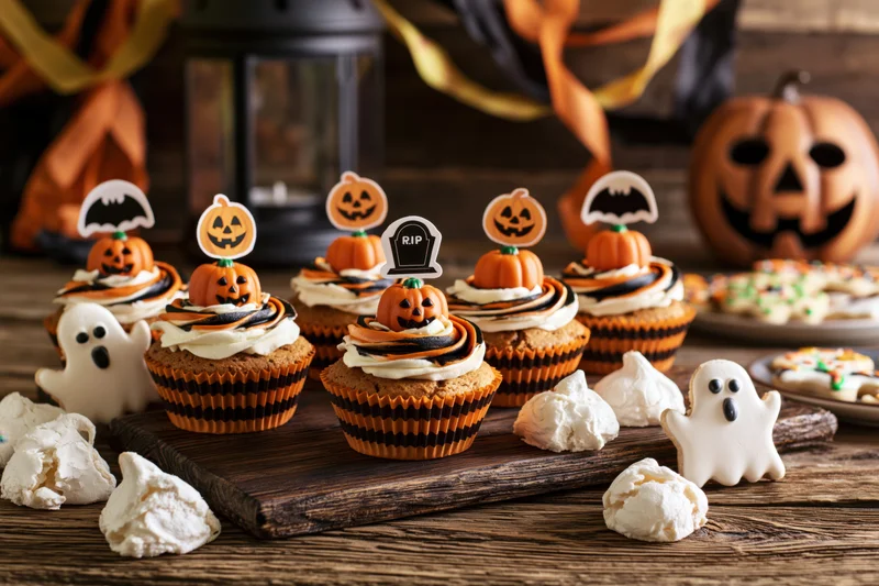 Halloween cupcakes with pumpkin and ghost decorations on a rustic wooden table