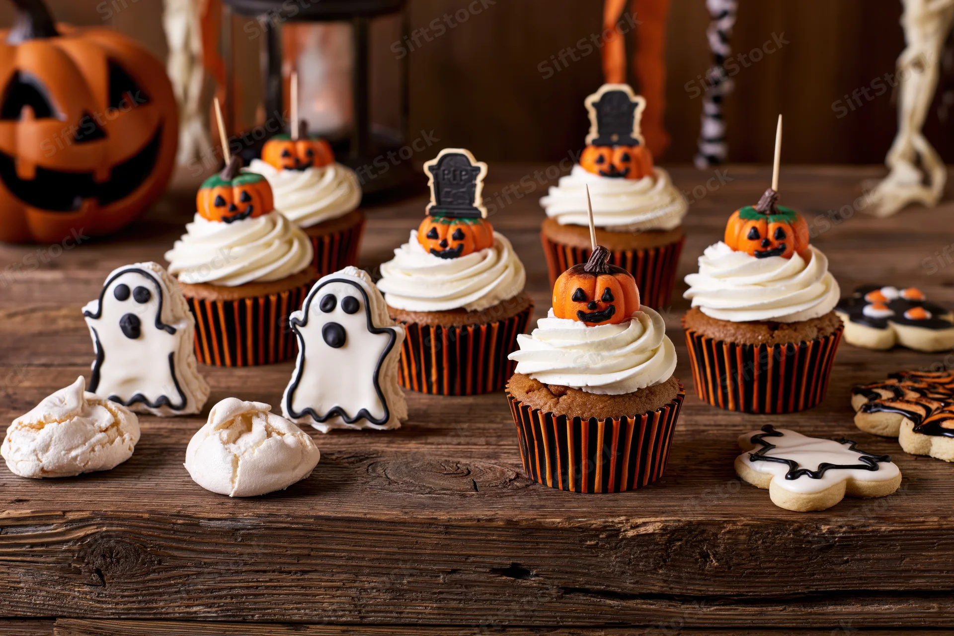 Halloween cupcakes with ghost and pumpkin decorations on a rustic wooden table