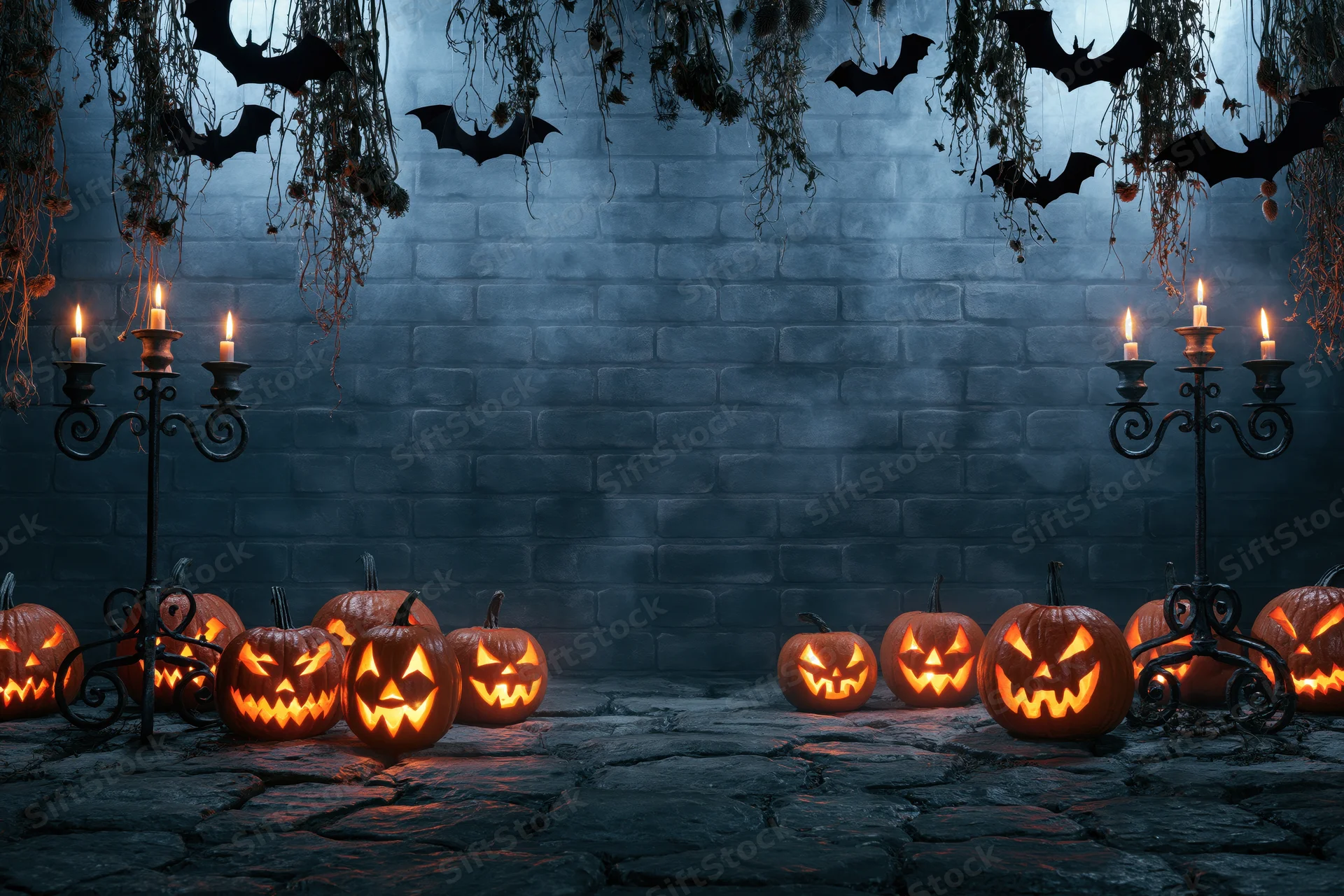 Carved jack-o-lanterns glowing on stone floor beside candelabras against brick wall with hanging bats and cobwebs