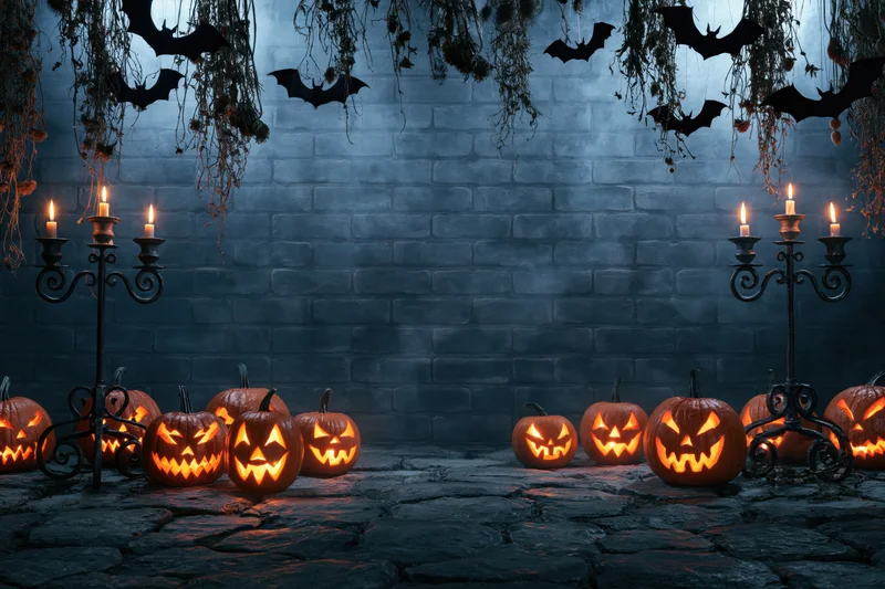 Carved jack-o-lanterns glowing on stone floor beside candelabras against brick wall with hanging bats and cobwebs