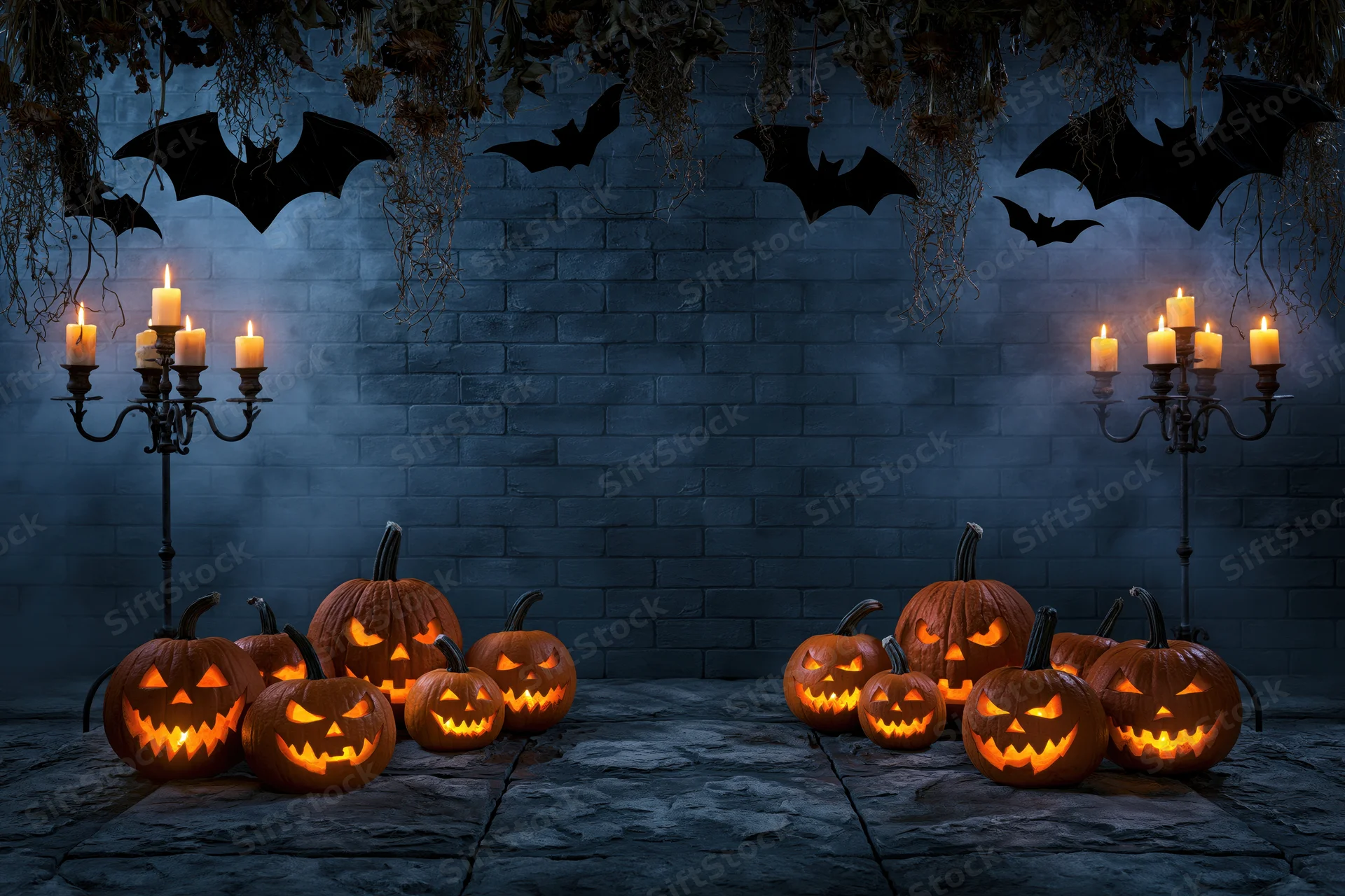Carved jack-o-lanterns glowing orange on stone floor with candelabras and bats against dark brick wall