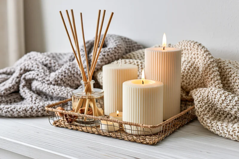 Lit candles and reed diffuser arranged in a wire basket on a white shelf with knitted blankets nearby